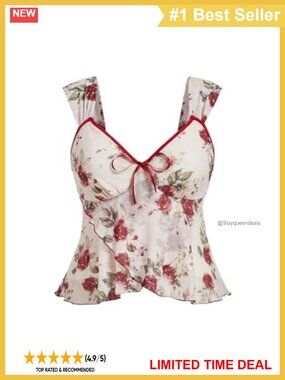 Plus Size Floral Mesh Crop Top Asymmetrical Ruffle Hem Tank Top